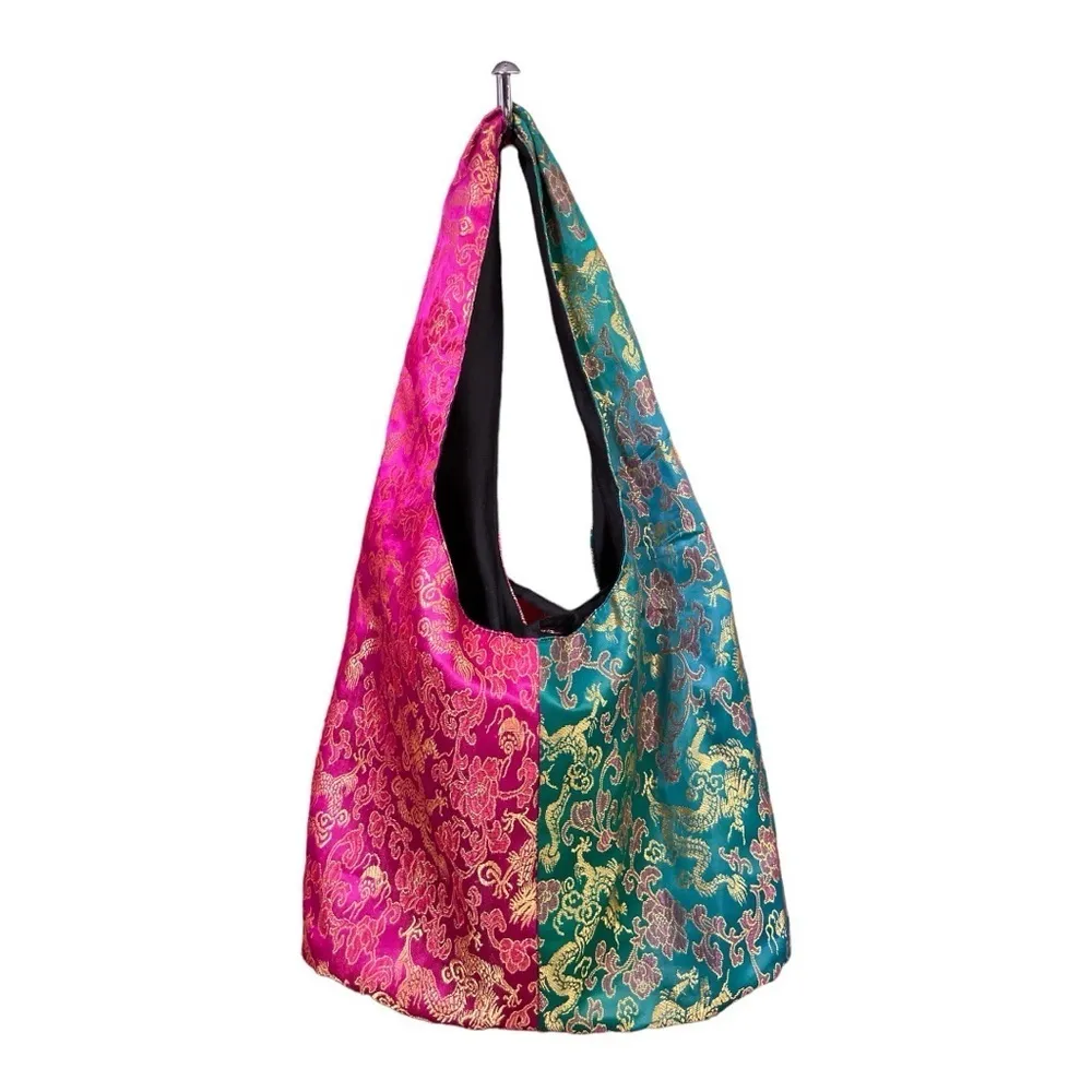 Thai Hobo Bag with Dragon and floral print many Colours made in Thailand! Pink - Image 2