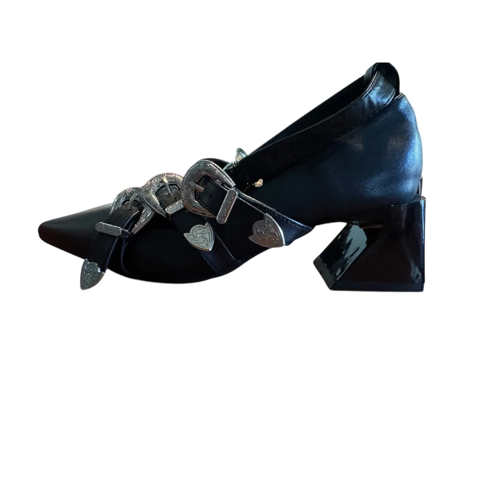 Guanghuiyuzu Black Pointed Toe Buckle Strappy Block Heels Women's Size 35 - Image 3