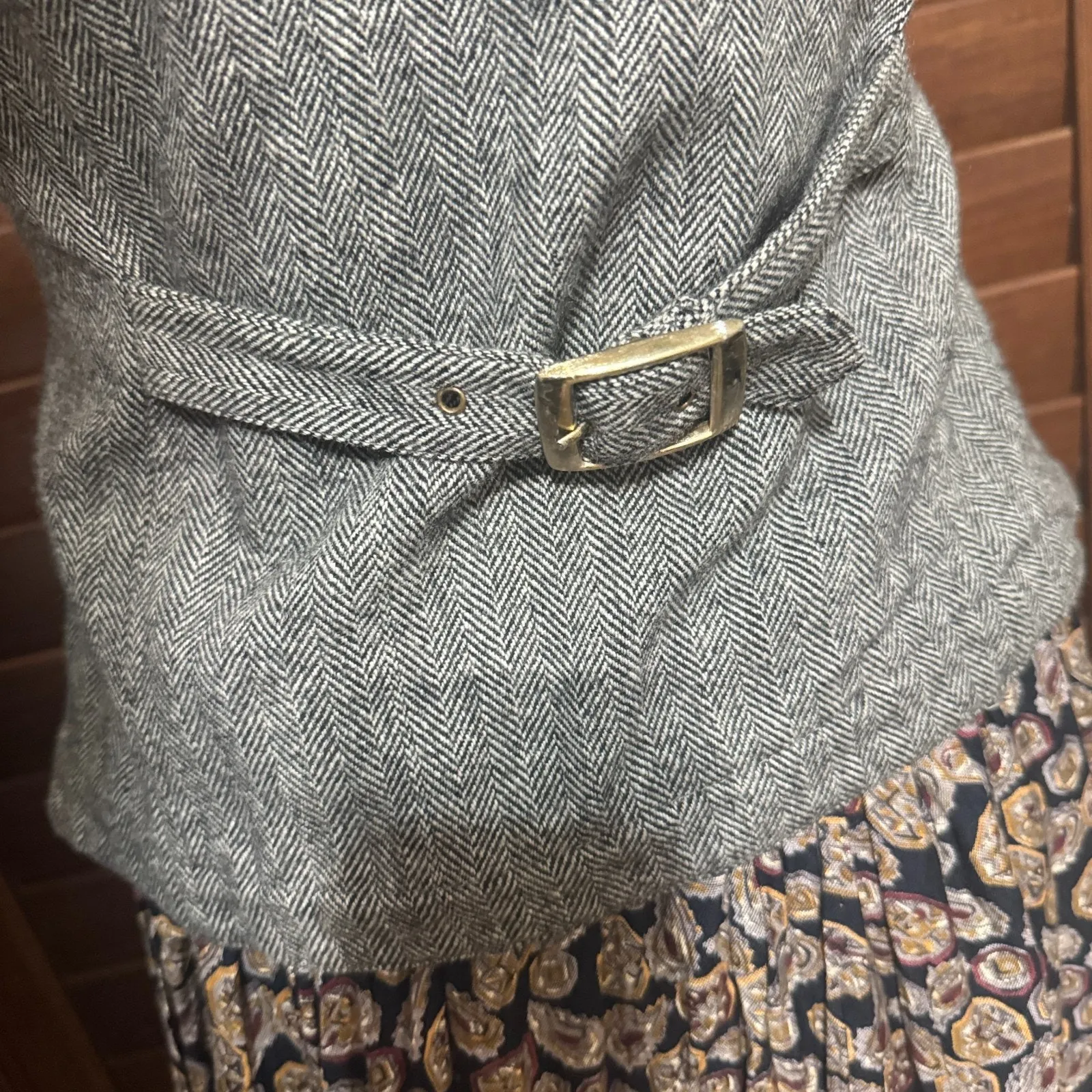 VTG 90s CJW Wool Dress Herringbone Vest Paisley Prairie Academia Teacher sz S Black - Image 11