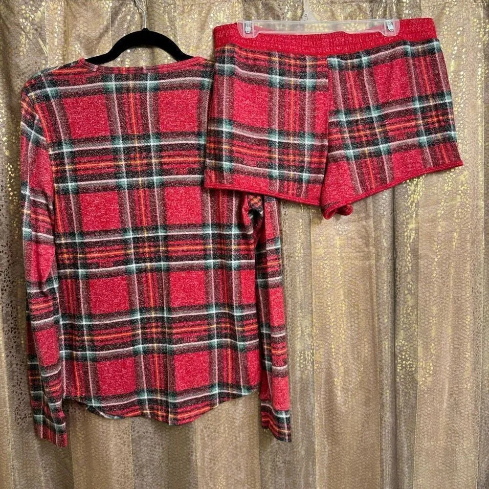 PINK Victorias Secret Cozy Red Plaid Holiday Pajama Shorts Set Large - Image 2