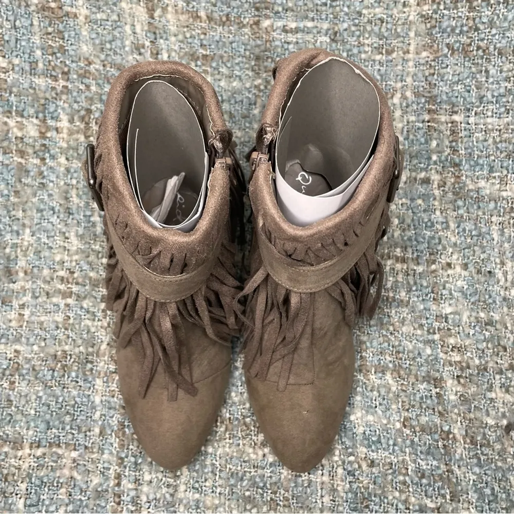 Qupid Women Almond Toe Belted Fringe Ankle Bootie in Taupe - Image 5