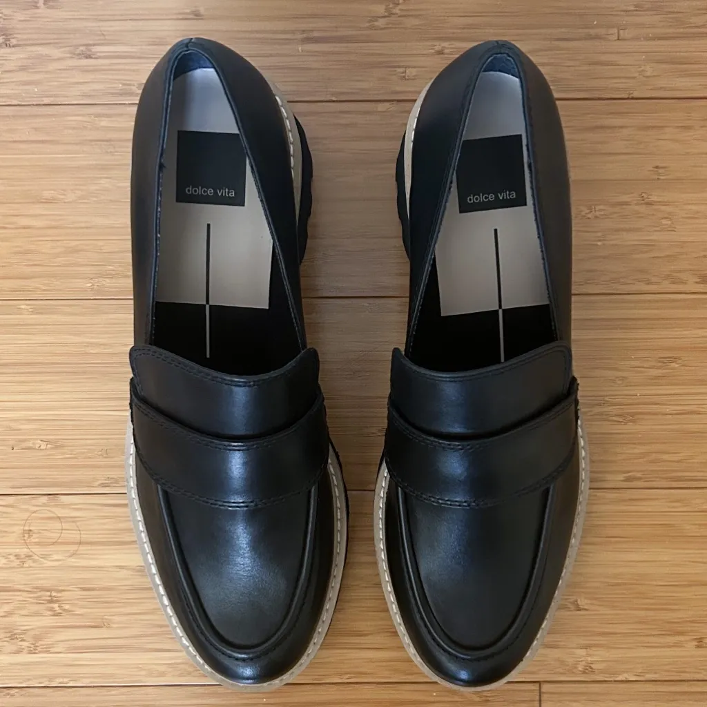 Dolce Vita Black Leather Halona Chunky Block Heel Platform Loafer 9.5 NWOB - Image 3