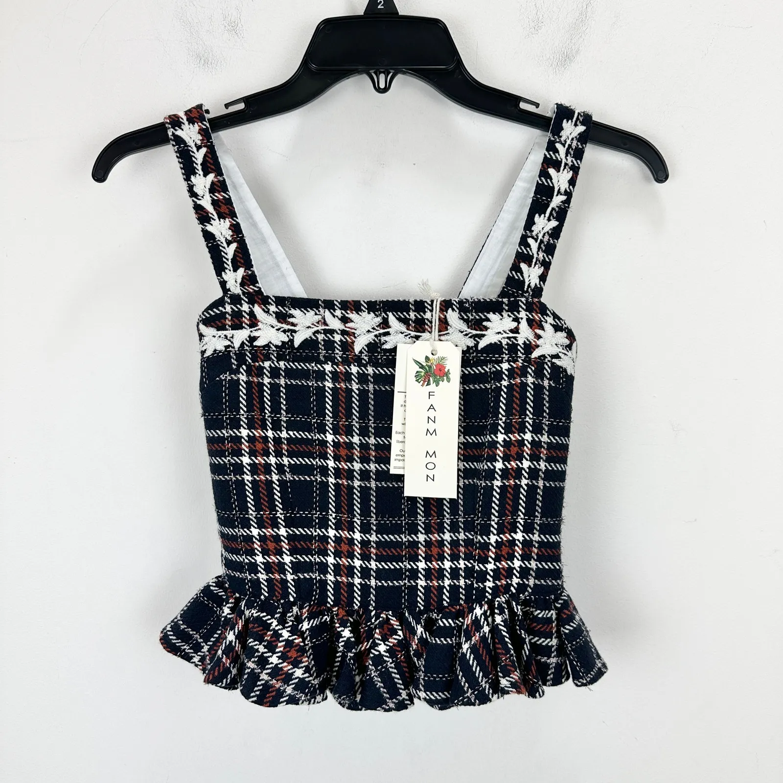 FANM MON Tweed Tartan Plaid Embroidered Square Neck Peplum Top XS NWT Blue - Image 4