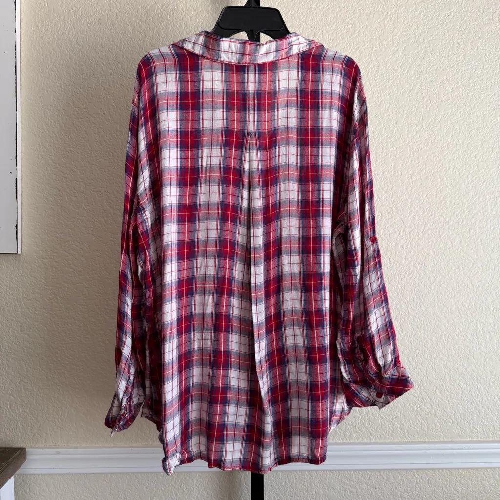 Women’s XL Oversized Plaid Button Front Shirt Soft Drape Rayon Casual Fall Top Red - Image 2