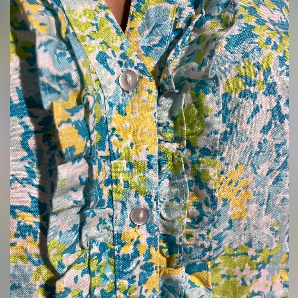 Kim Rogers 100% Linen Size XL Women's Sleeveless Floral Top - Blue and Yellow - Image 8