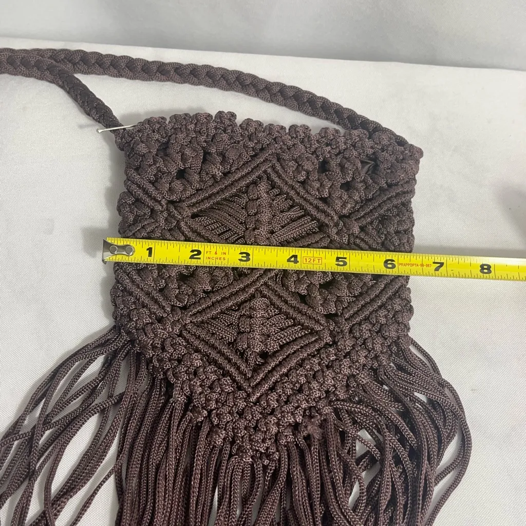 Vintage Boho Macramé Fringe Crossbody Bag Brown Handmade Festival Purse - Image 4