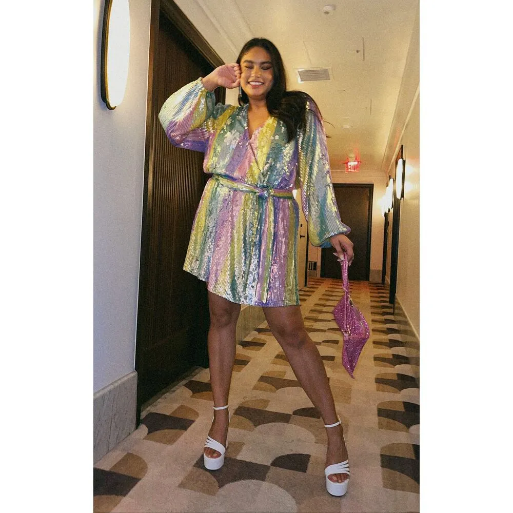 Show Me Your Mumu Wear Me Out Dress In Rainbow Stripe Sequins S - Image 13