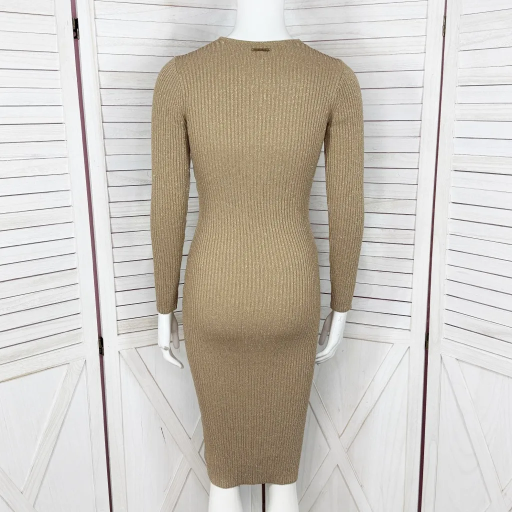 Michael Michael Kors Metallic Ribbed V Neck Sweater Sheath Dress Gold XXS - Image 5