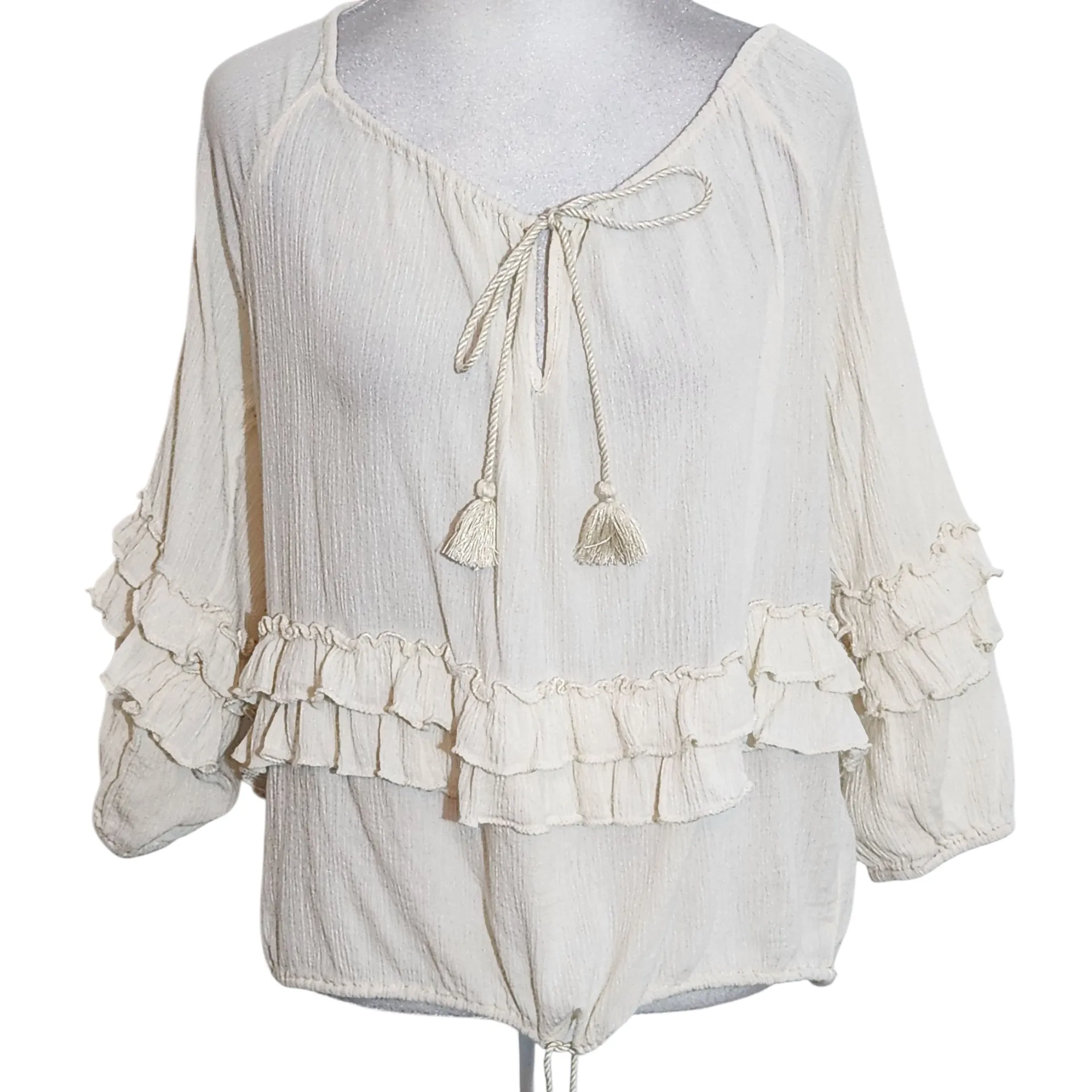 Denim & Supply Ralph Lauren Cream Boho Ruffle Blouse with Tassel Tie Size Small - Image 1