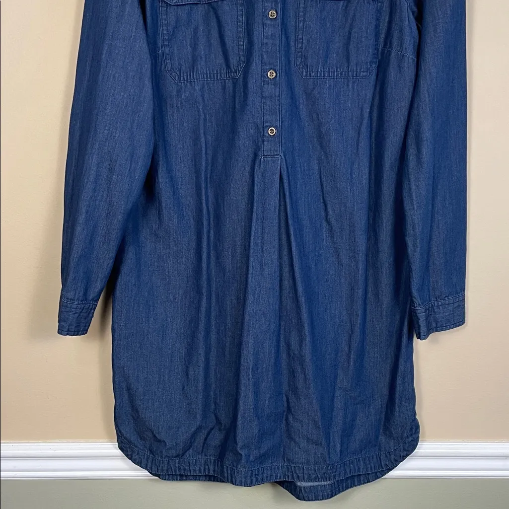 Old Navy Women’s Chambray Dark Blue Pockets Half Button-Up Long Sleeve Dress - Image 3