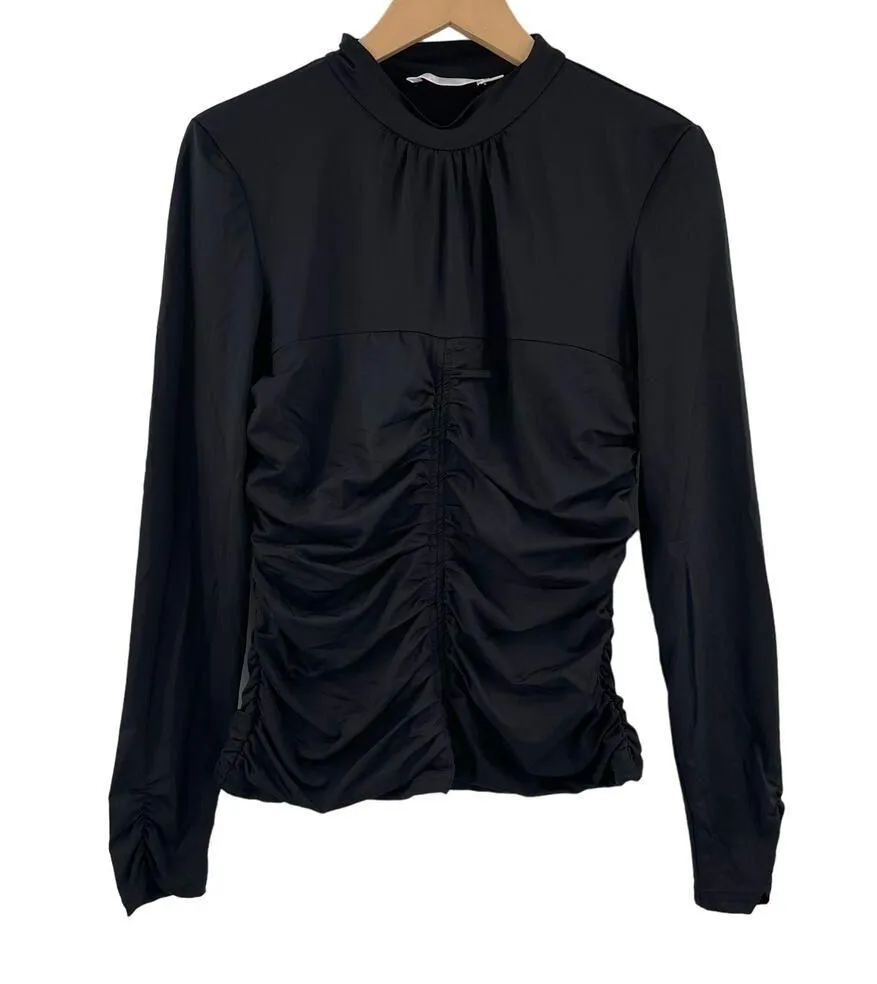 RACHEL PARCELL Top Size Large Ruched Fitted Mockneck Long Sleeve Black Spandex - Image 3