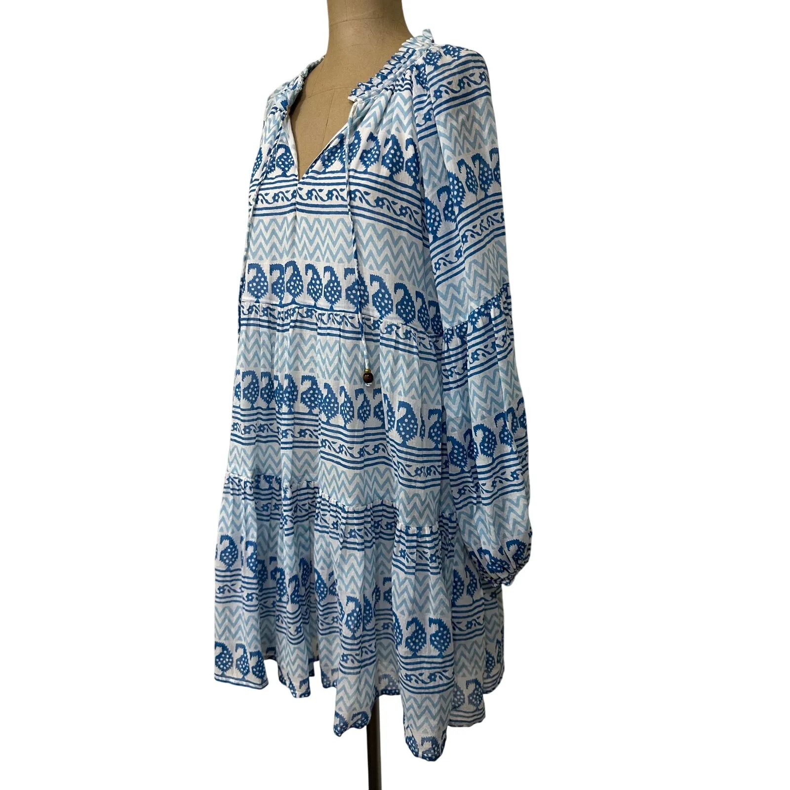 Oliphant Mini Dress Balloon Sleeve Blue White Babydoll Dress V Neck - Image 5