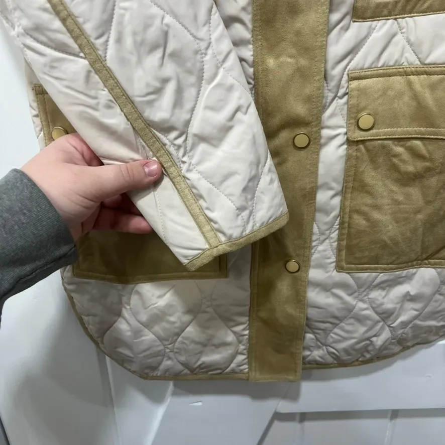 J Mclaughlin Linda Coat XS NWT $348 Quilted Tan Snap Button Color Block Jacket - Image 4