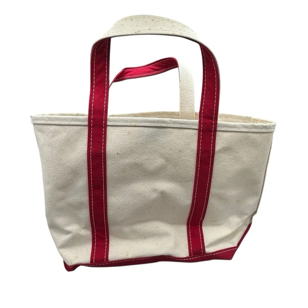 L.L.Bean Boat and Tote Small / Mini Canvas Bag Red Trim Made in USA 18” VTG White - Image 7