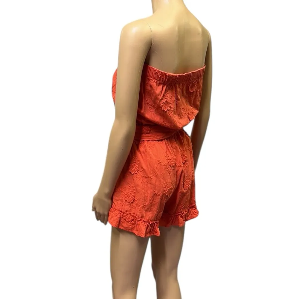 Loft Cotton Orange Beach Floral Embroidery Strapless Romper Tie Belted Womens XS - Image 5