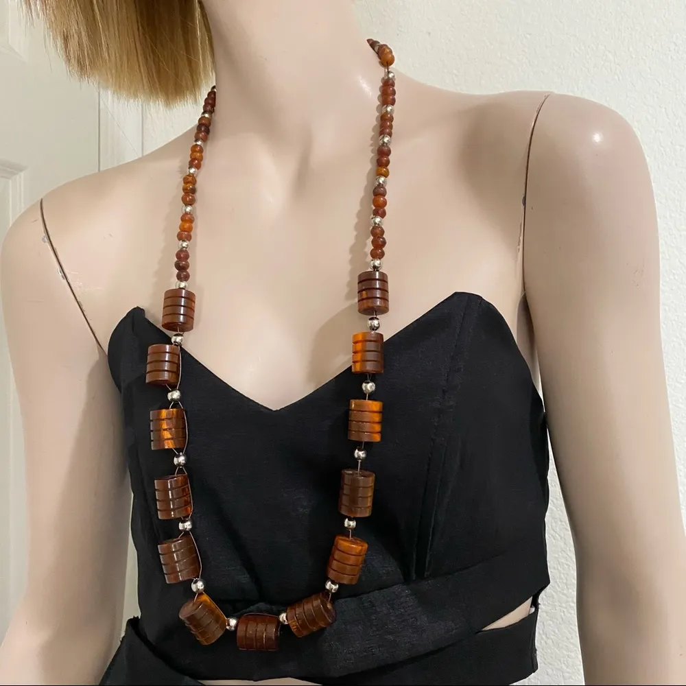 Vintage Cherry Amber Bakelite? Barrel Beaded 34” Long Necklace - Image 2