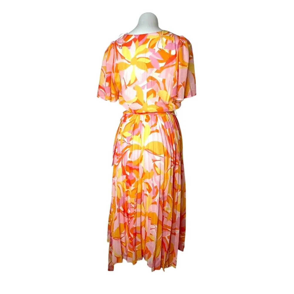 FLYING TOMATO Told You So Woven Midi Dress Orange Pink Floral Pleated Skirt Sz S - Image 8