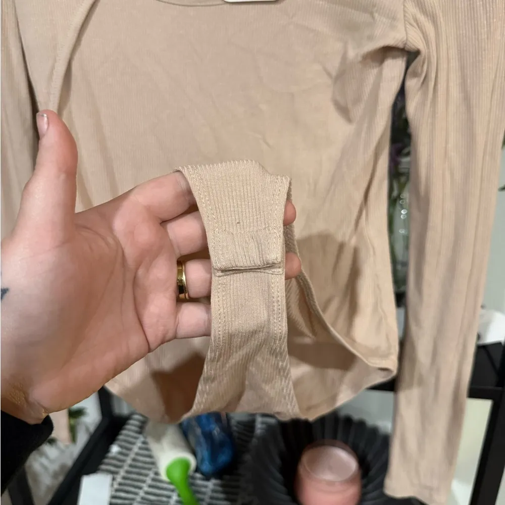 Elodie Tan Asymmetrical Cut Out Bodysuit size small - Image 2