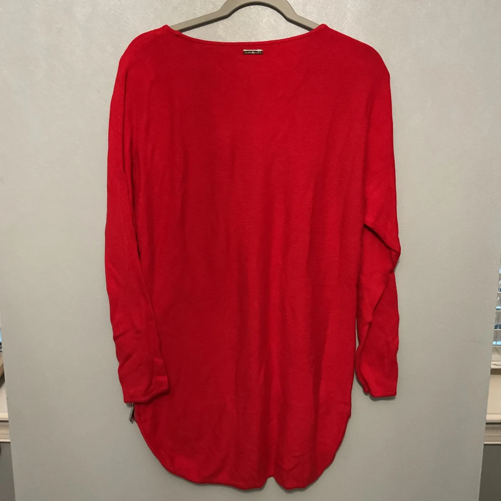 Michael Kors Red Ribbed Long Sleeve Sweater Boat Neck Zipper Detail Size L - Image 3
