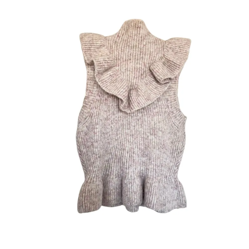 Zara Ivory Blush Pink Heather Ruffled Mock Turtleneck Rib Knit Pullover Sweater - Image 2