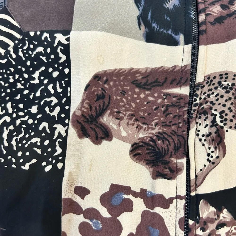90s Vintage Bomber Jacket Animal Print Patchwork Silk Leopard Cheetah Elephant L Brown Size L - Image 2