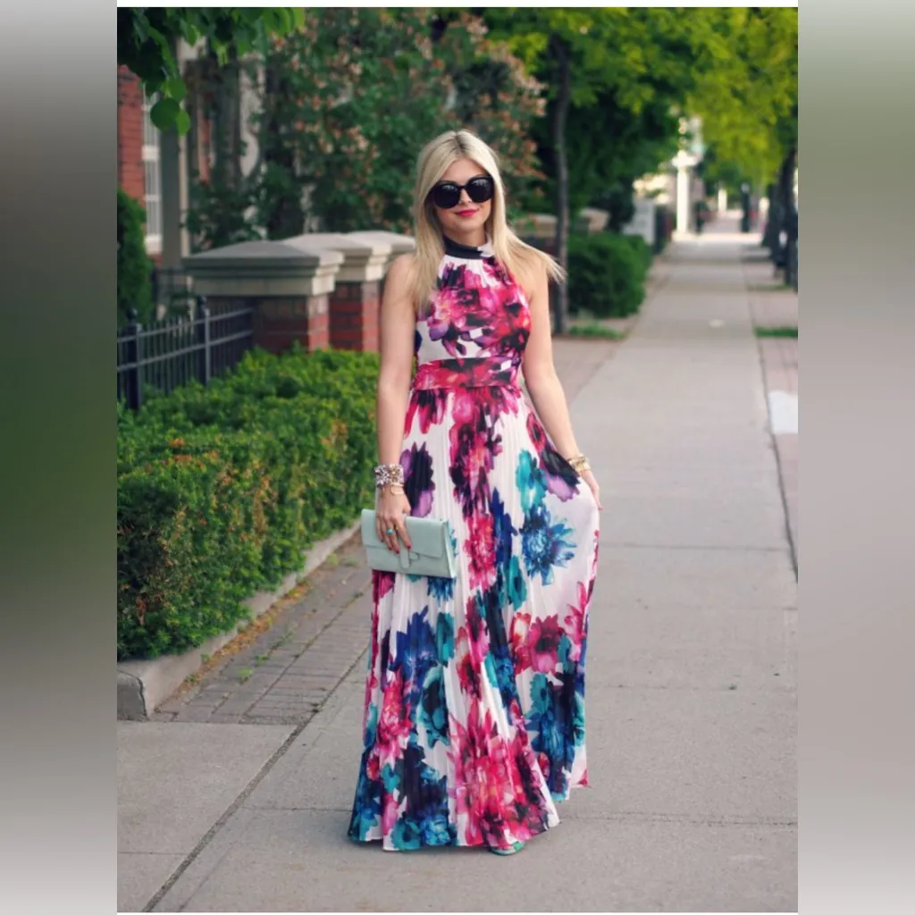 Eliza J Women Multicolor Floral Print Halter Maxi Prom Bridesmaid Dress Size 12 - Image 3
