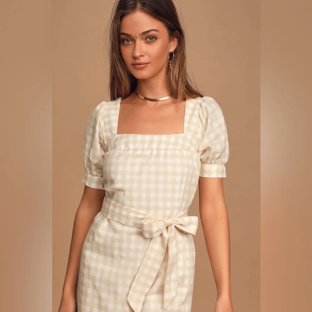 LULU’S Love Me Sweeter Peach Gingham Puff Sleeve Midi Dress - Image 4