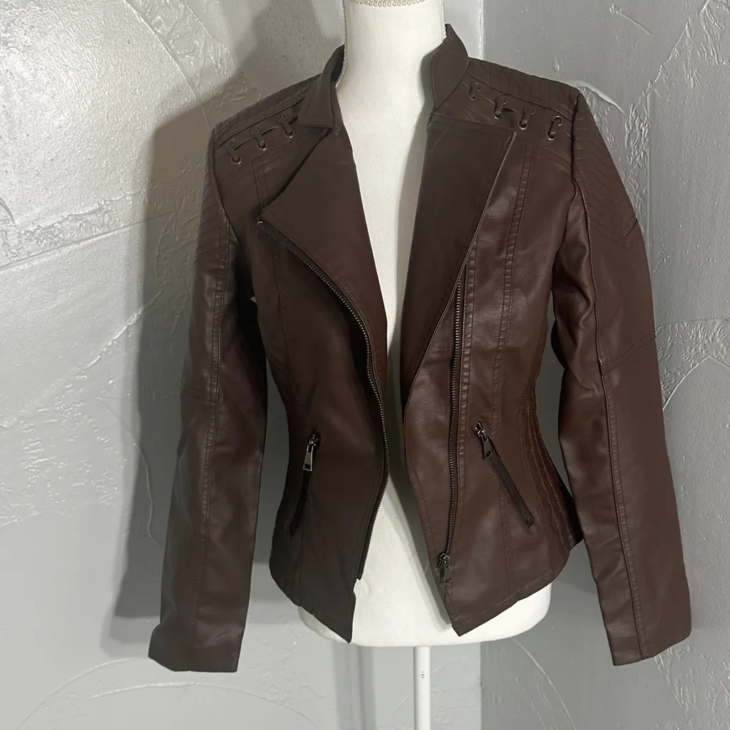 Brown Faux Leather Moto Jacket | PU Leather | Chic & Versatile. - Image 3