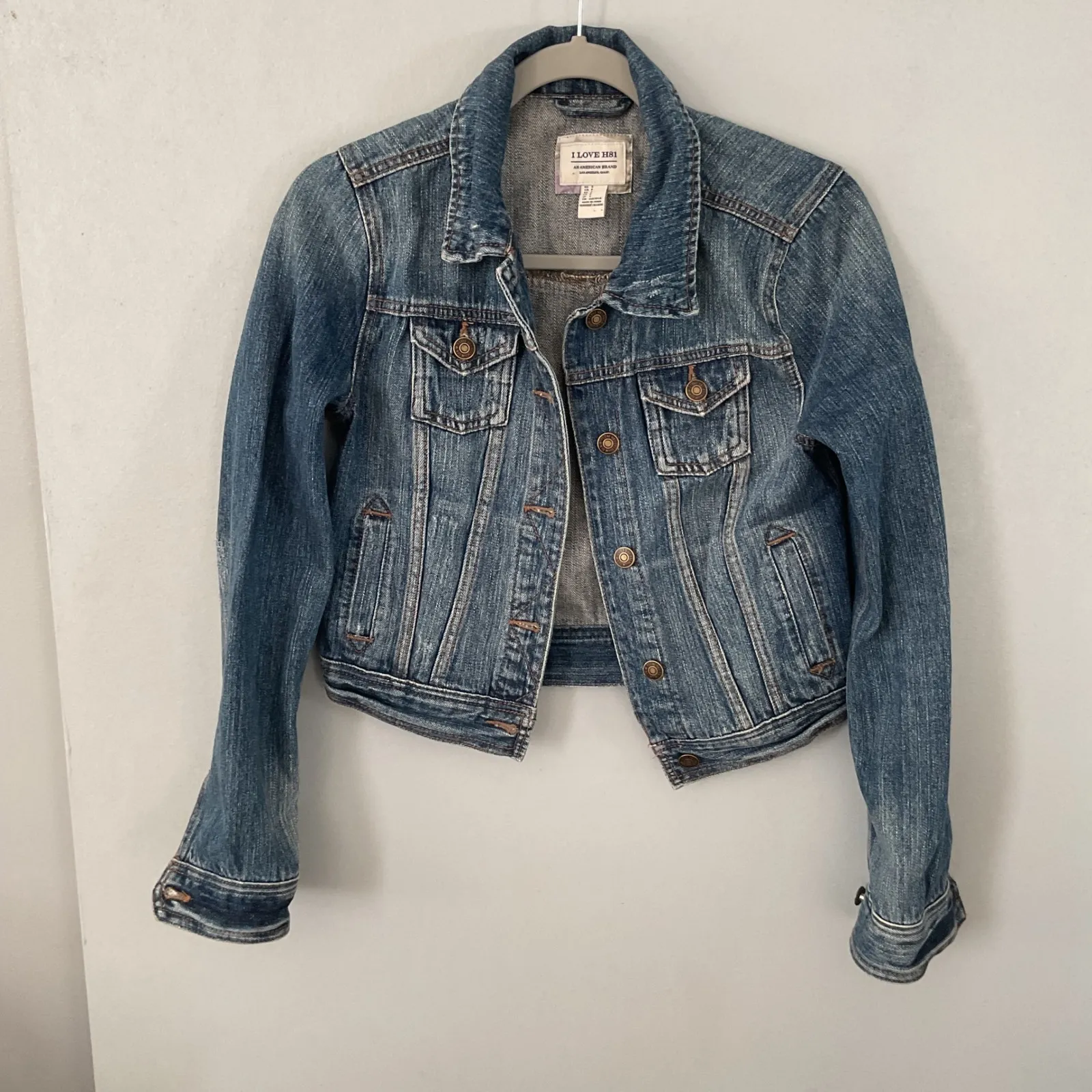 I LOVE H81 American Brand Denim Jean Jacket Blue Distressed Cropped Size S - Image 3