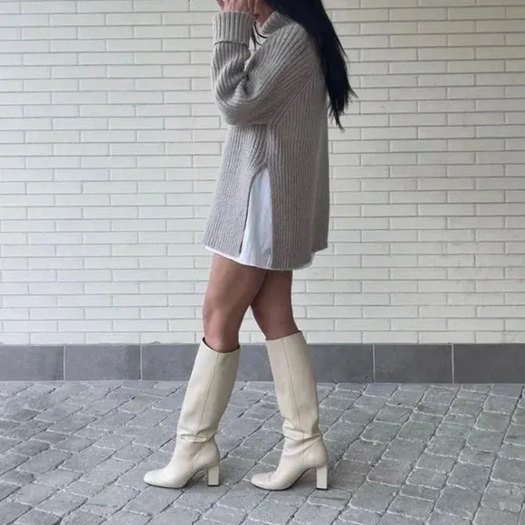 Zara knee high leather boots white cream blogger byfar toteme khaite the row - Image 9