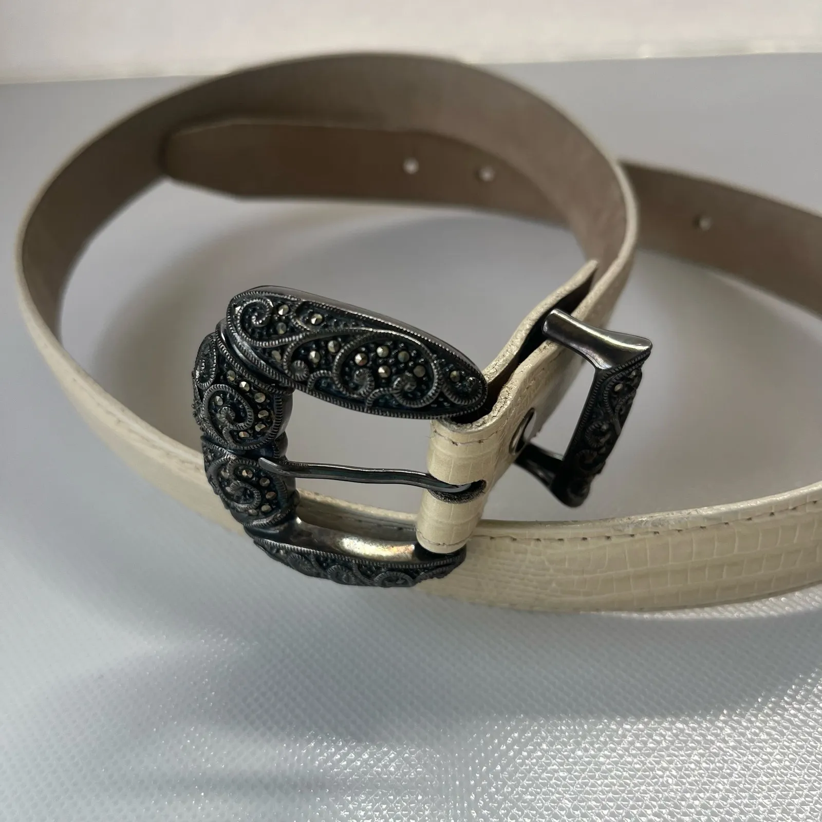 Vtg Judith Jack Sterling Marcasite Leather Womens Belt Sz M Cream Glam 90s Boho - Image 12