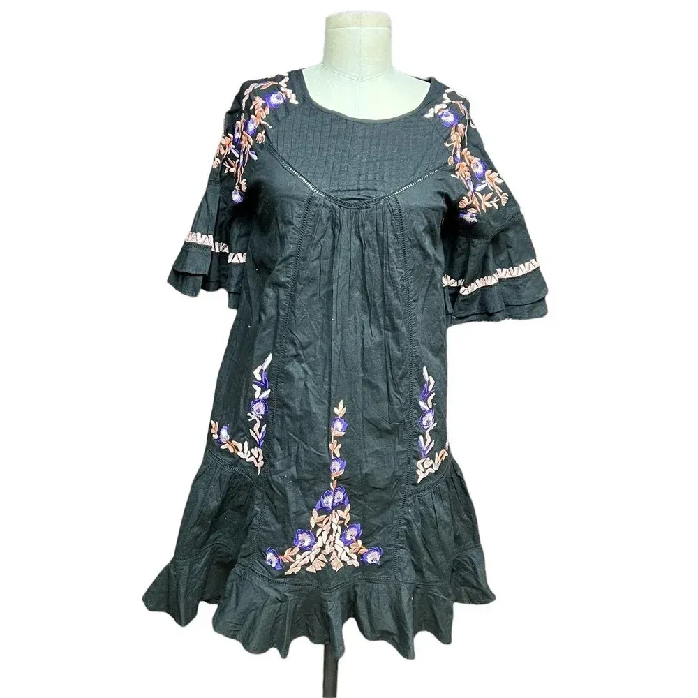 Free People Pavlo Embroidered Smock Dress Black Purple Floral‎ Size XS - Image 3
