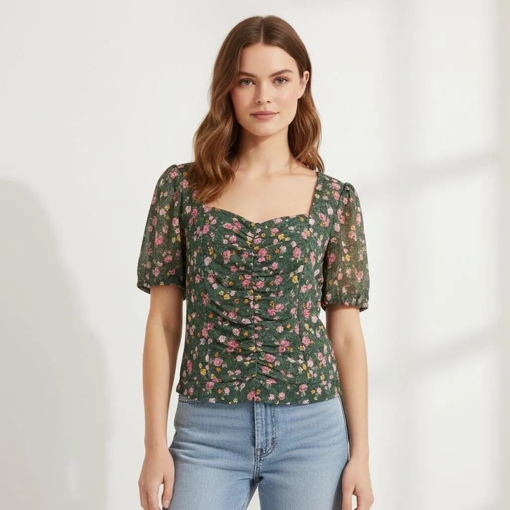 Elodie Floral Ruched Mesh Top XL Green Pink Sweetheart Neck Cottagecore village - Image 2