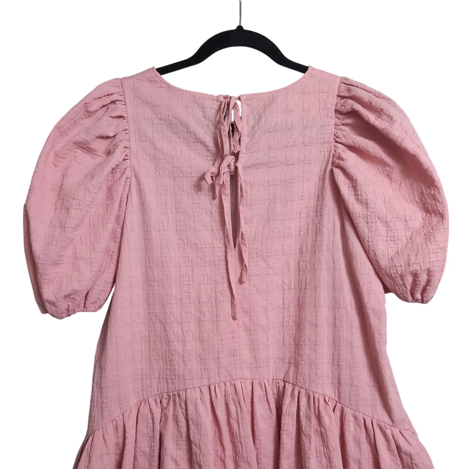 English Factory Penelope Mini Dress Pink Puff Sleeve Tie Back Textured Size S - Image 10