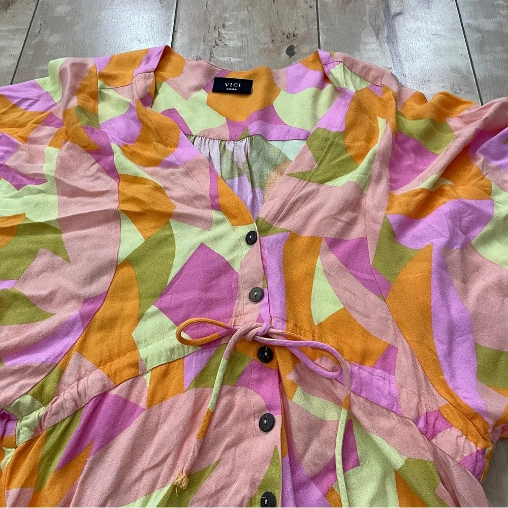 Vici Collection Mini Kimono Dress W Tie Waist & Buttons Women’s S Multi Colors - Image 3