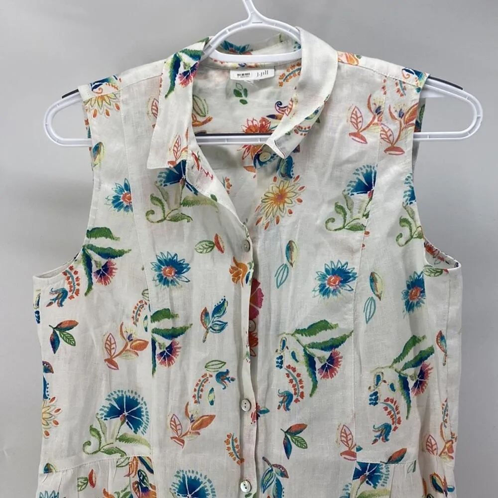 J Jill Love Linen Women White Floral Button Front Sleeveless 100% Linen peplum Size XS - Image 3