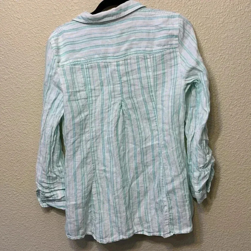 White/ blue stripe Multiples Linen Tunic sz M Beachy vacation resort summer - Image 7