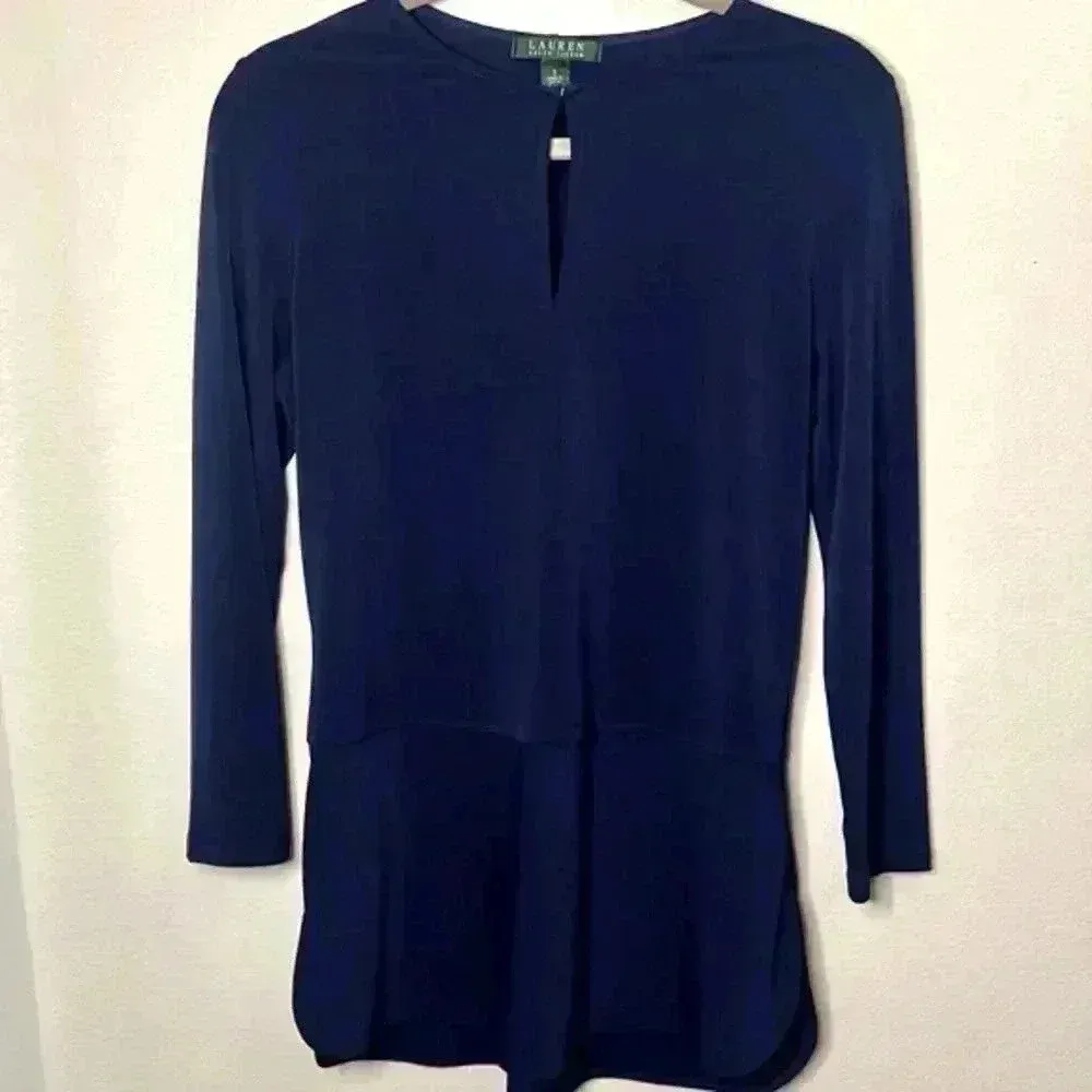 Lauren Ralph Lauren Navy rounded neckline blouse split seam hook & eye closure - Image 2