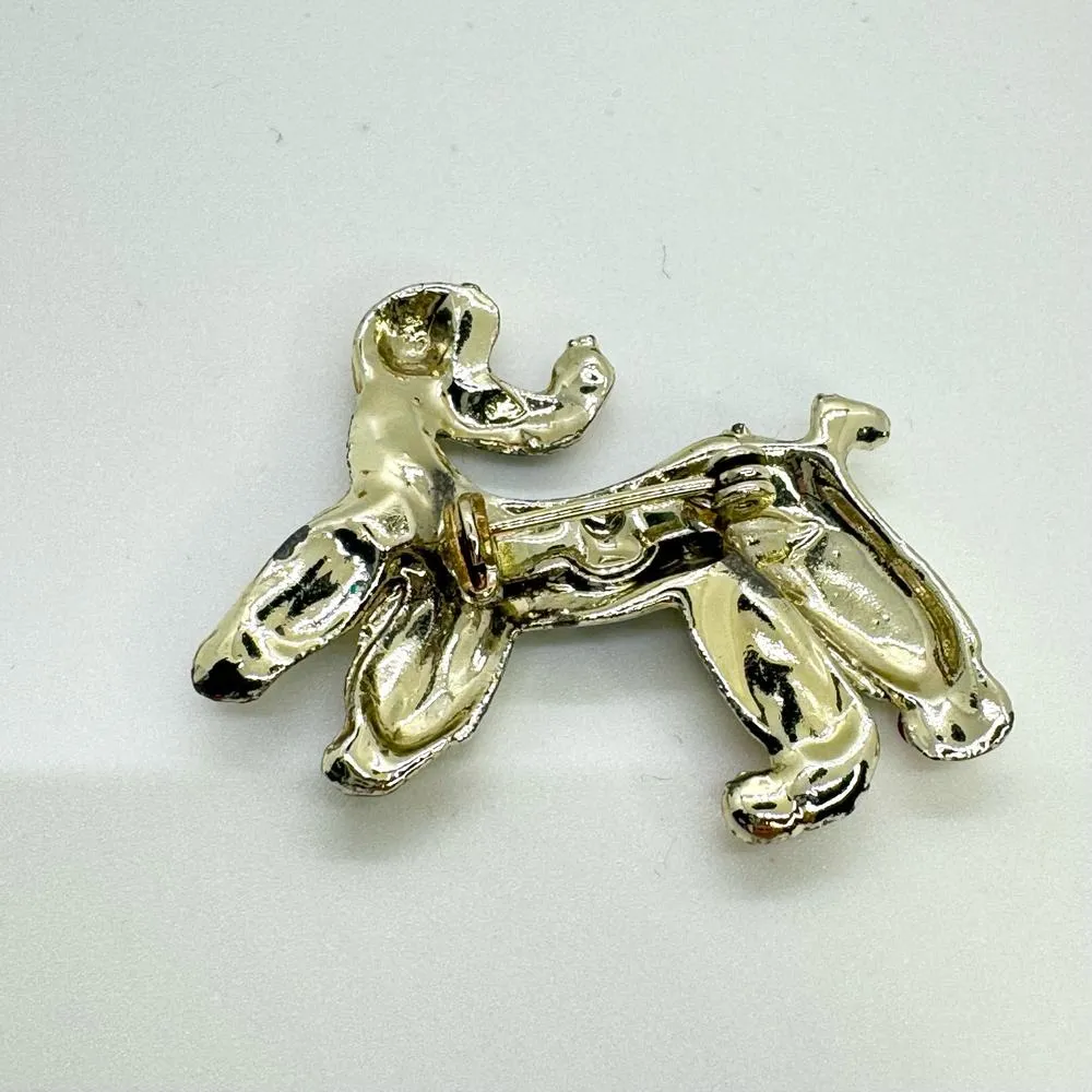 Vintage? Playful Poodle Dog Enamel Brooch Lapel Pin Pink Crystals Gray Yellow - Image 3