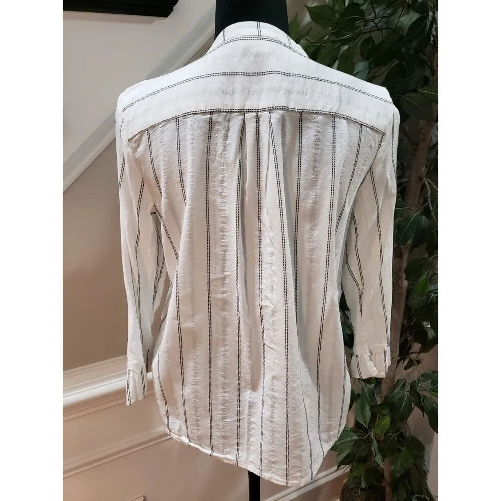 Karl Lagerfeld Women's White Striped Cotton Long Sleeve Button Down Shirt Small - Image 6