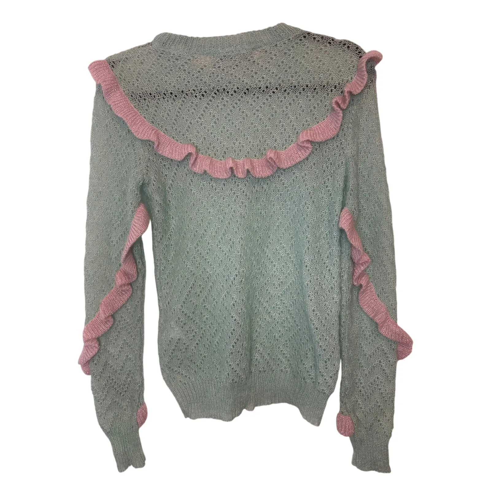 Anna October Mint Green Pink Ruffle Wool Knit Sweater Size Small - Image 3