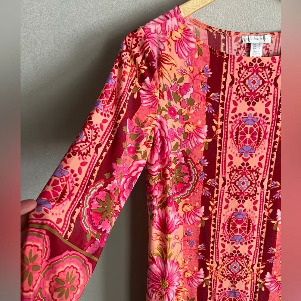 London Times Pink Floral Mosaic Shift Dress Stretch 3/4 Sleeve Size S - Image 5