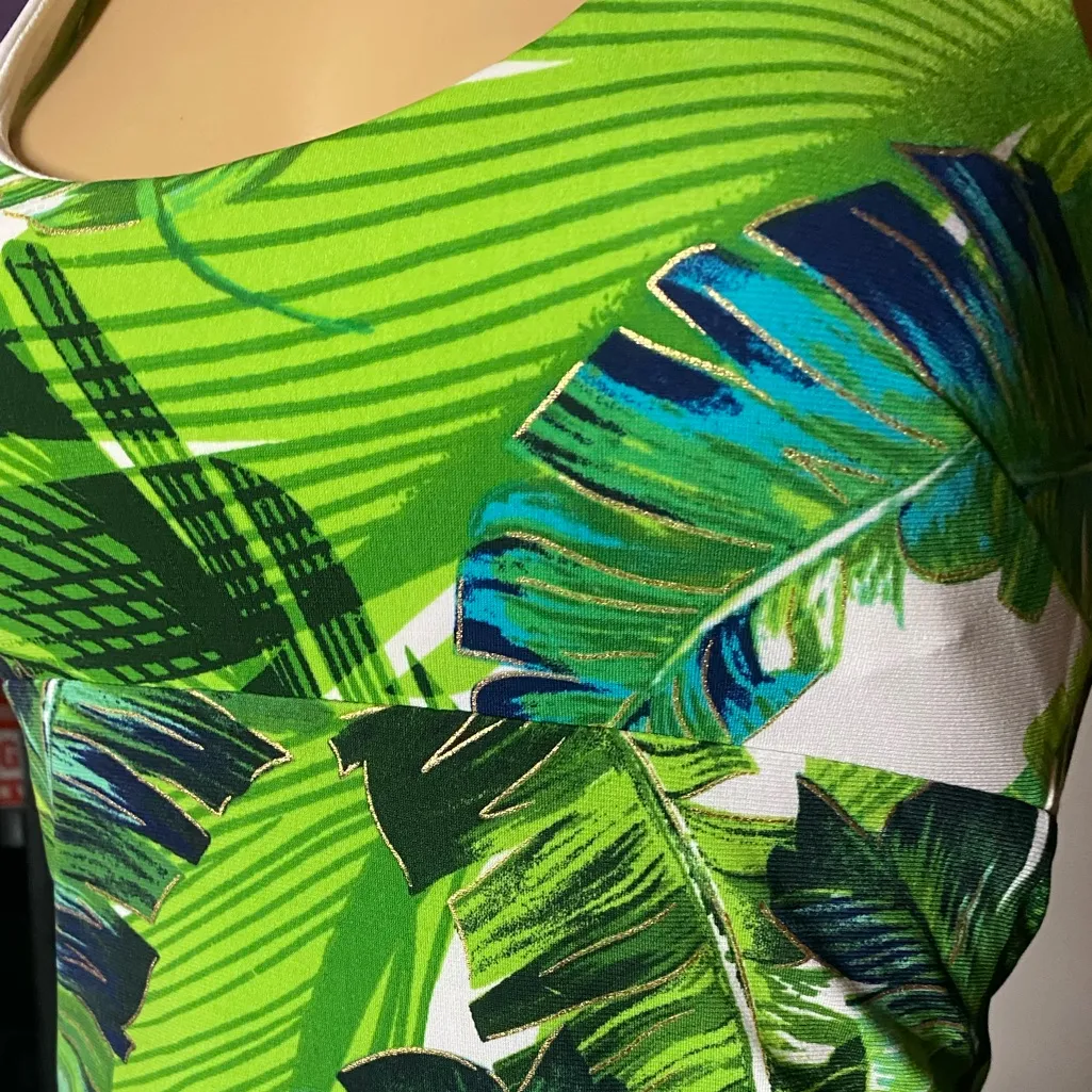 Vintage Cache Y2K Green Tropical Leaf
Print Halter Dress, Size S - Image 5