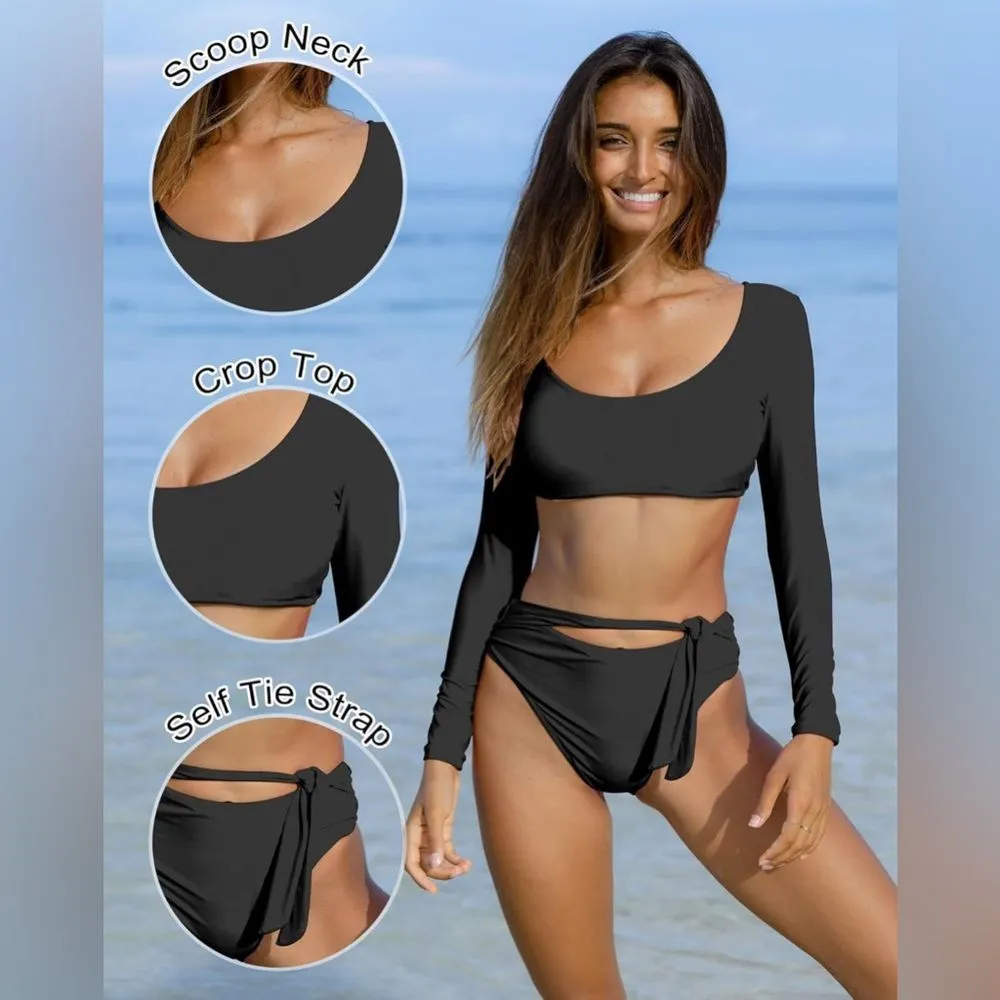 GirlsUpto Womens Two Piece Swimsuit High Waisted Rash Guard Long Sleeve L NWOT Black Size L - Image 7