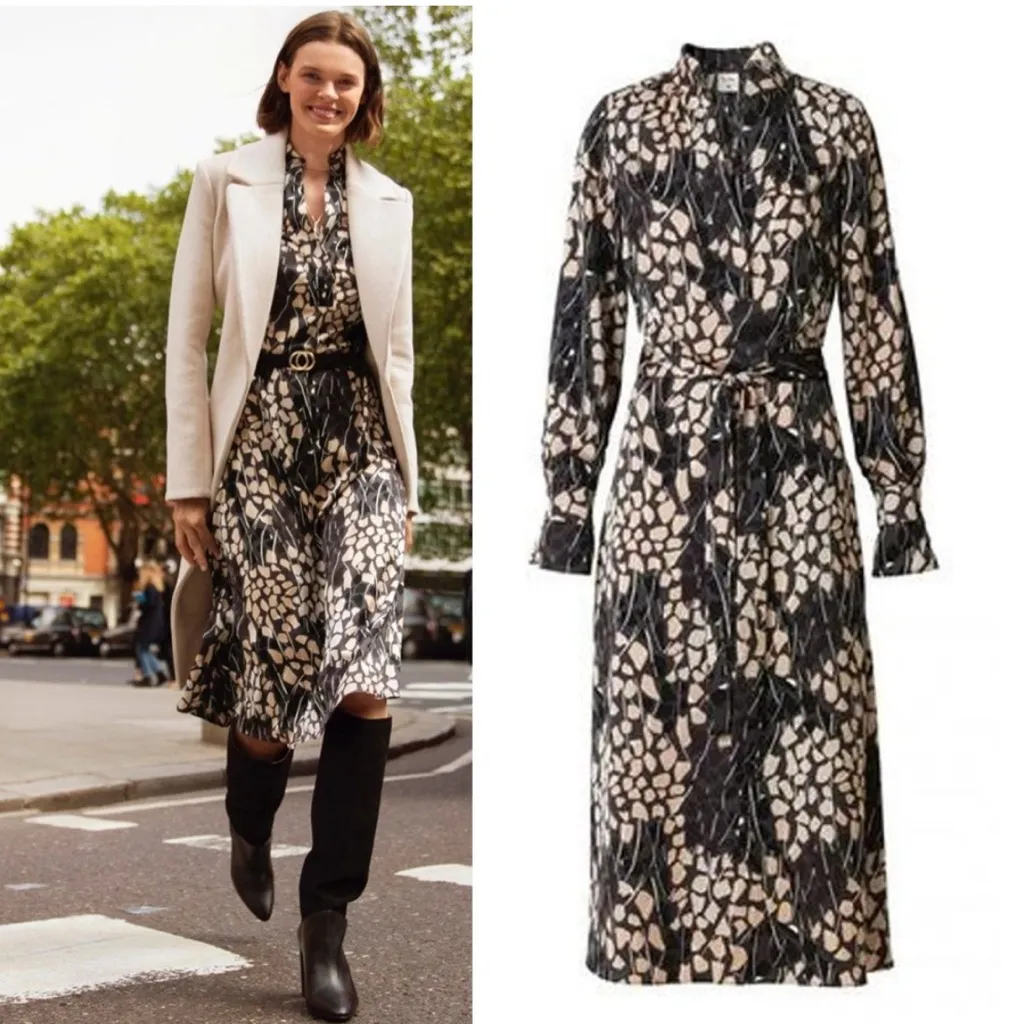 Richard Allen x H&M Gray and Cream‎ Long Sleeve Belted Dress Size 6 side zip - Image 2