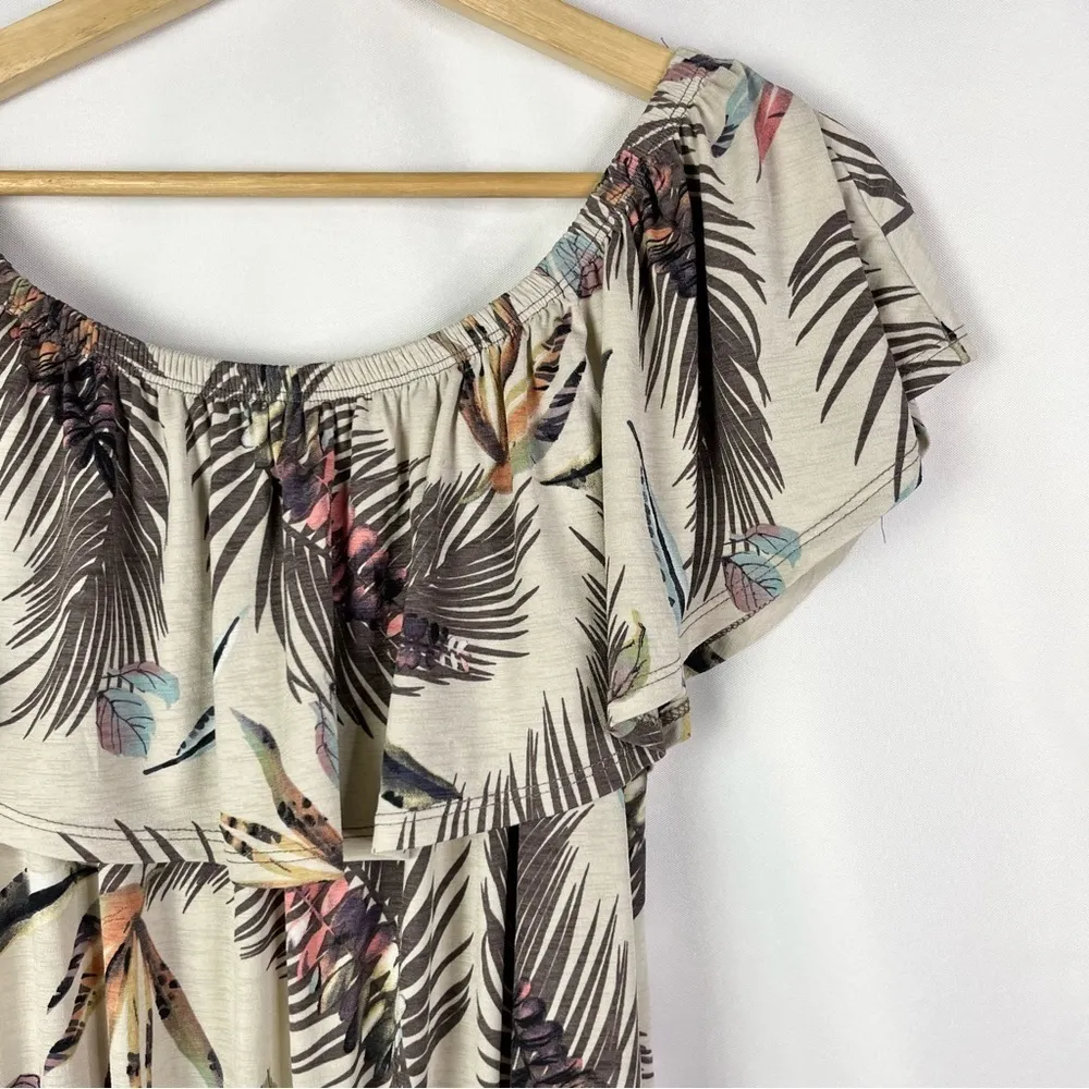 Boutique MTS Light Brown Feather Print Off Shoulder Romper L - Image 3