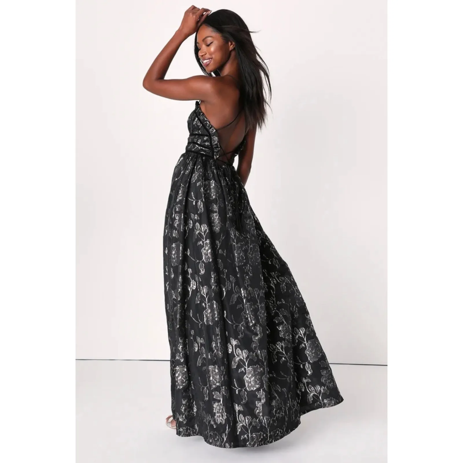 Lulus Sleek Shine Black and Silver Floral Jacquard Lace-Up Maxi Dress - Image 2