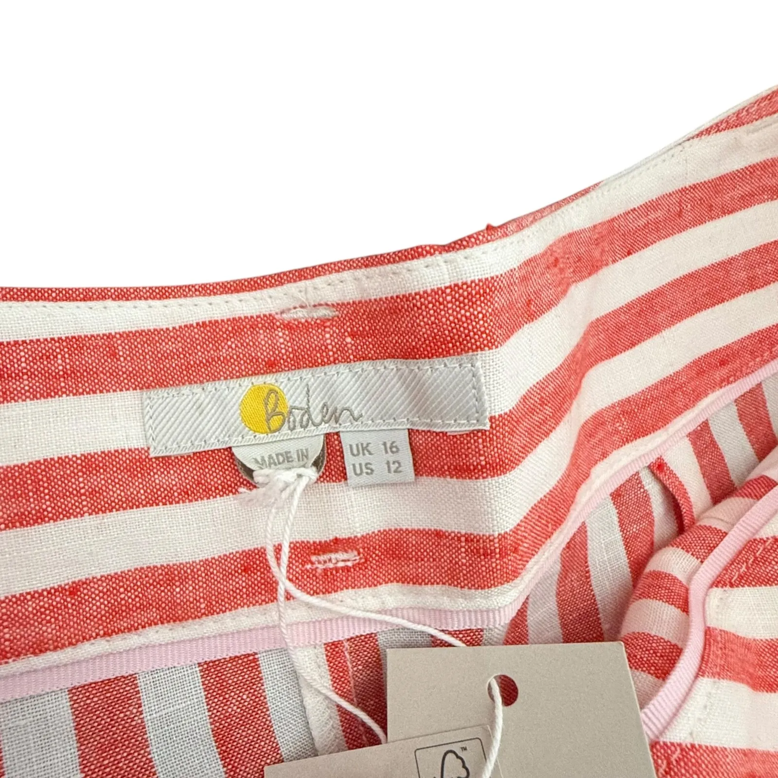 Boden High Waisted‎ Alma Belted Linen Paperbag Shorts Womens 12 Red Striped NEW - Image 9