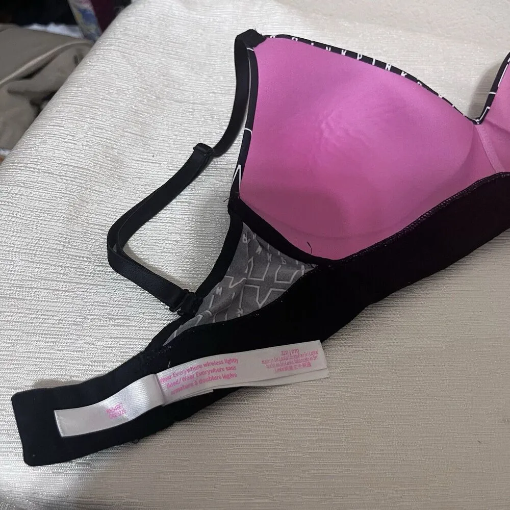 Victoria's Secret PINK Wear Everywhere Wireless Bra Black Monogram 32D Size undefined - Image 5