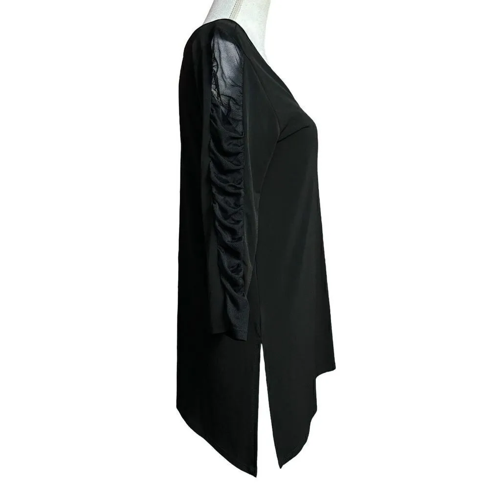 Clara Sun Woo Tunic Size XS Black V Neck Sheer Mesh Ruched Sleeve Long Lagenlook - Image 2